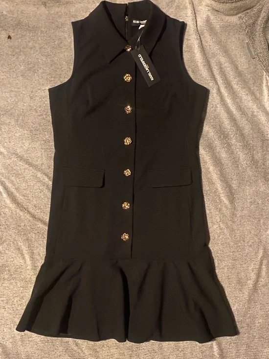 (NWT) KARL LAGERFELD- Black Sleeveless Button-Front Ruffle Hem Mini Dress 🖤 ✨ - Picture 14 of 16